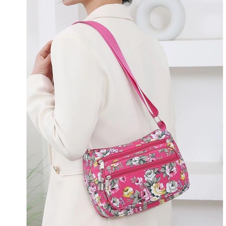 2025 New Fashion Joker Printed Lightweight Canvas Shoulder Bag Large Capacity Multi-pocket Zipper Crossbody Bag Middle-aged Mother Bag
