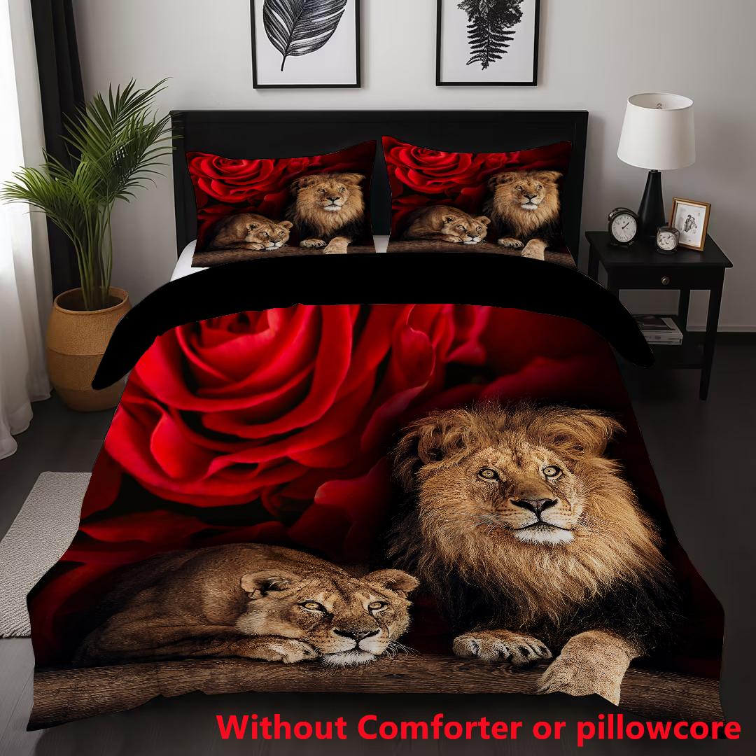

Red Rose Lions 3D Printed Quilt cover set pillowcase Lovely Wild Animals Bedding Set for Kids Teens Adults Wildlife Duvet cover 135x200cm 2pcs