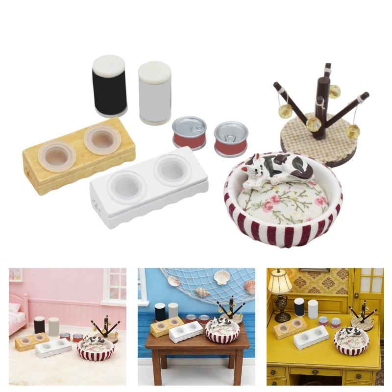 1/12 Doll House Miniature Cats Bed Set with Feeder Bowls for Enhanced Realistic Toy Collection Kids Pretend Play Activity