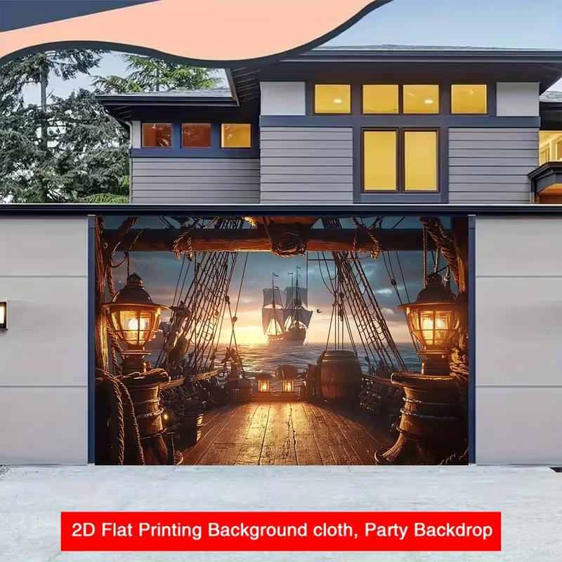Nautical Pirate Ship Backdrop - Sunset Deck Lanterns Ocean Background