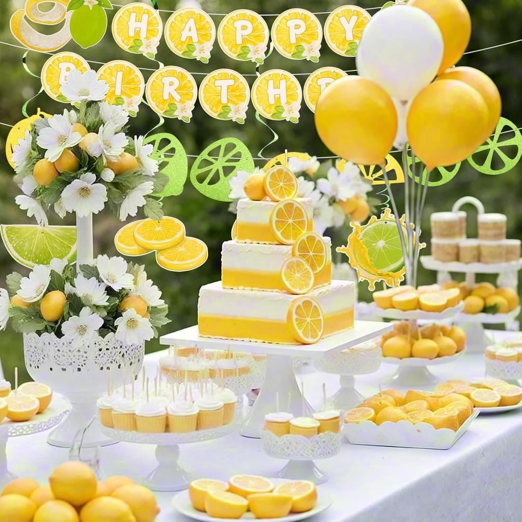 10pcs Lemon Birthday Decorations Set - Lemon Birthday Banner, Fruit Shape Hanging Swirl, Party Hanging Decor for Fruit Theme Party Favors