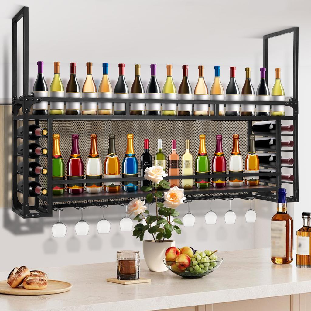 Wall Mounted 2 Tier Wine Rack Simple Type With Light 59.06x21.65x11.81inch For Bar Restaurant Indoor for Kitchen Dining Room Bar