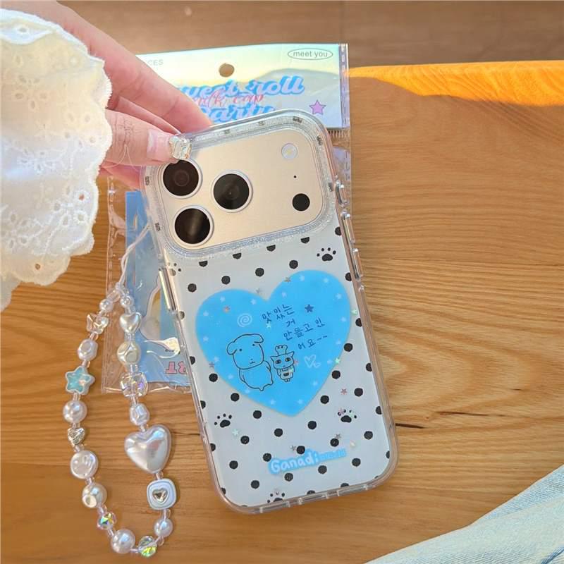 Korean-Style Polka Dot & Heart iPhone 17 Pro Max Case - Black & Blue, Drop-Proof Protection for Apple 16.