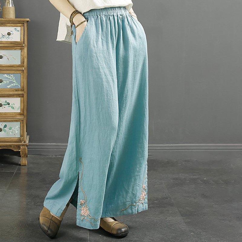 Women Pants Cotton Summer Elastic Waist Loose Casual Embroidery Solid Color Comfortable Soft Pants