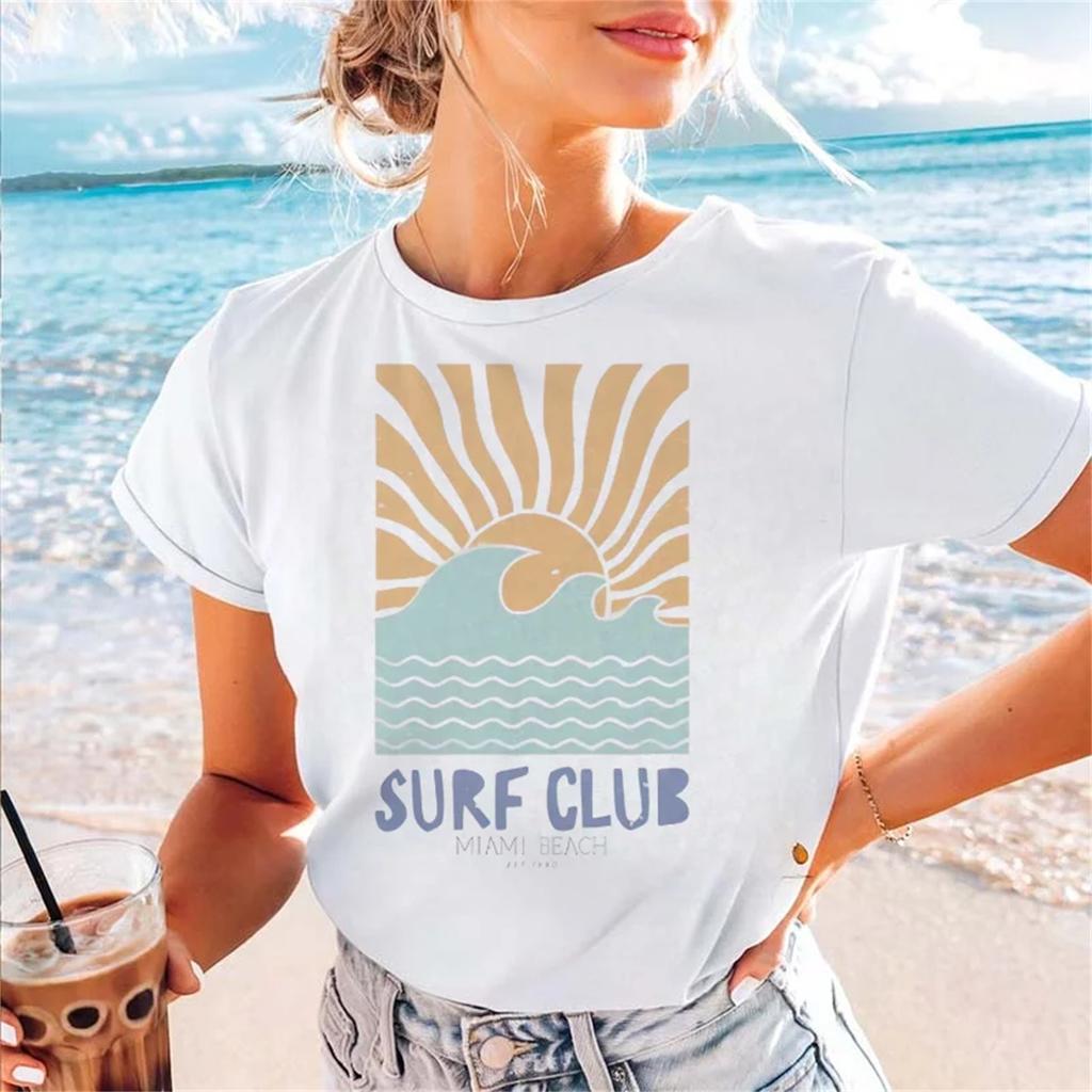 Women's Surf Club Pattern Cartoon Fashion Aesthetic Short Sleeved Printed Women's Top Regular Casual Versatile Cute T-Shirt