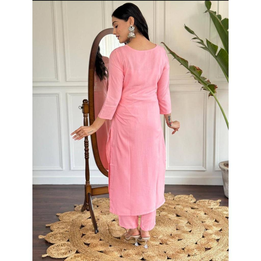 Women's Pink Rayon Slub Embroidered Straight Kurta with Rayon Slub Pant And Silk Printed Dupatta Sets