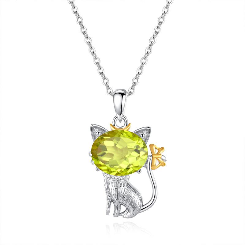 Natural crystal stone cat pendant S925 sterling silver necklace women's niche cute style girl gift jewelry