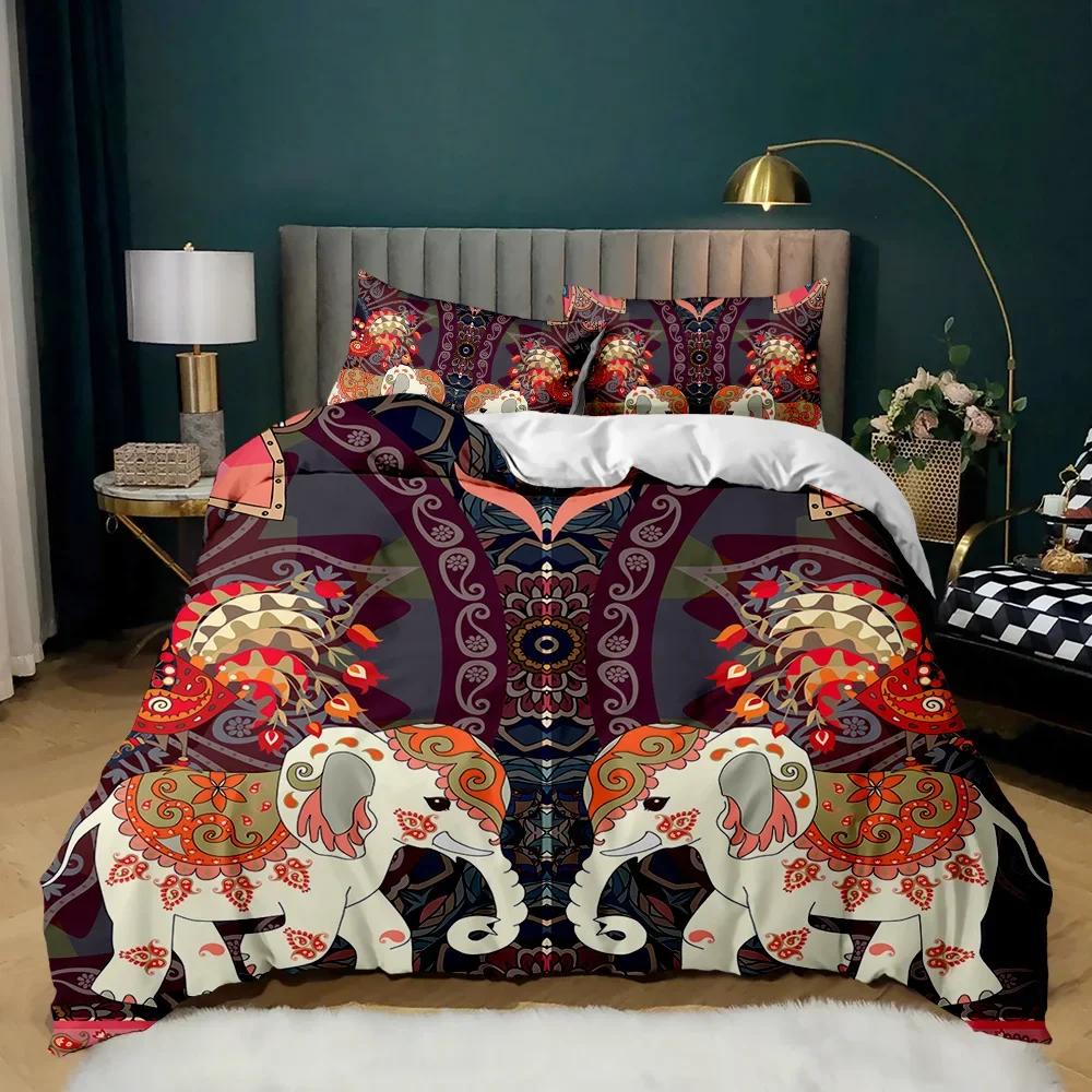 Boho Elephant Duvet Cover Set Bohemian Mandala Elephant Bedding Set Safari Animal Indian Exotic Queen King Polyester Quilt Cover