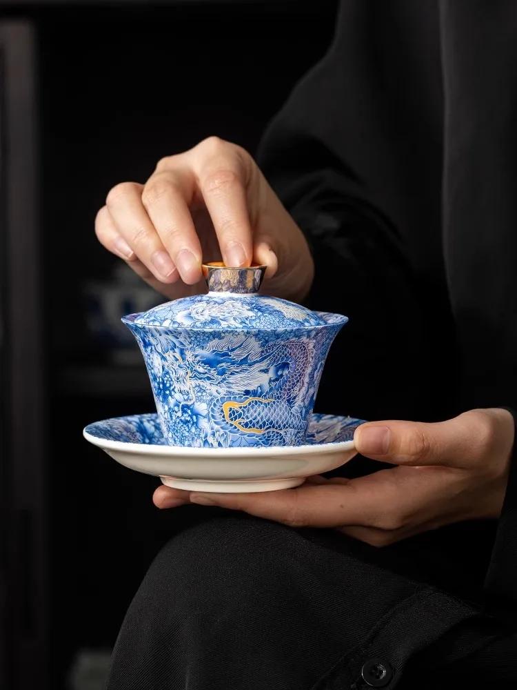 1 Set San Cai Gai Bowl Tea Cup Single High End Household Hovering Rotating Tea Bowl Anti Scalding Ceramic Kung Fu Tea Set