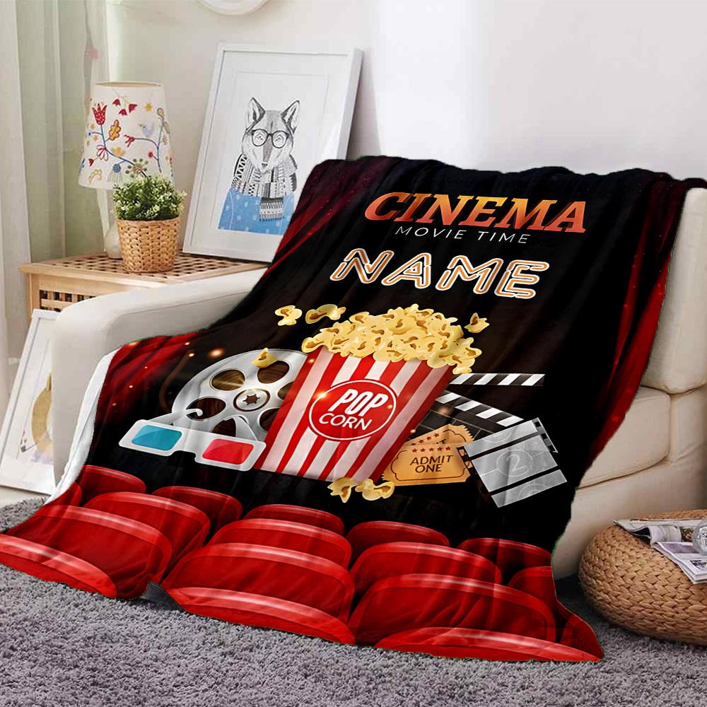 Cinema Movie Time With Popcorn And Reels Gift Customizable Blanket Personalized Name Comfortable Texture For Sofa Couch Office Bed Picnics Four