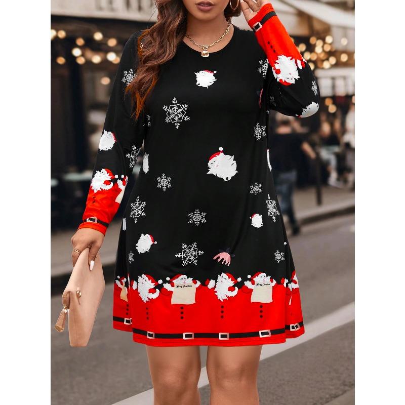 Holiday oriented Christmas Santa Claus and snowflake element plus size women's round neck long sleeved dress