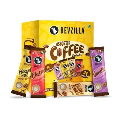 Bevzilla 24 Assorted Instant Coffee Sachets | 24x2Gm Pouches | Arabica Coffee | 4 Flavours: Butterscotch, Classic, Vanilla, Hazelnut