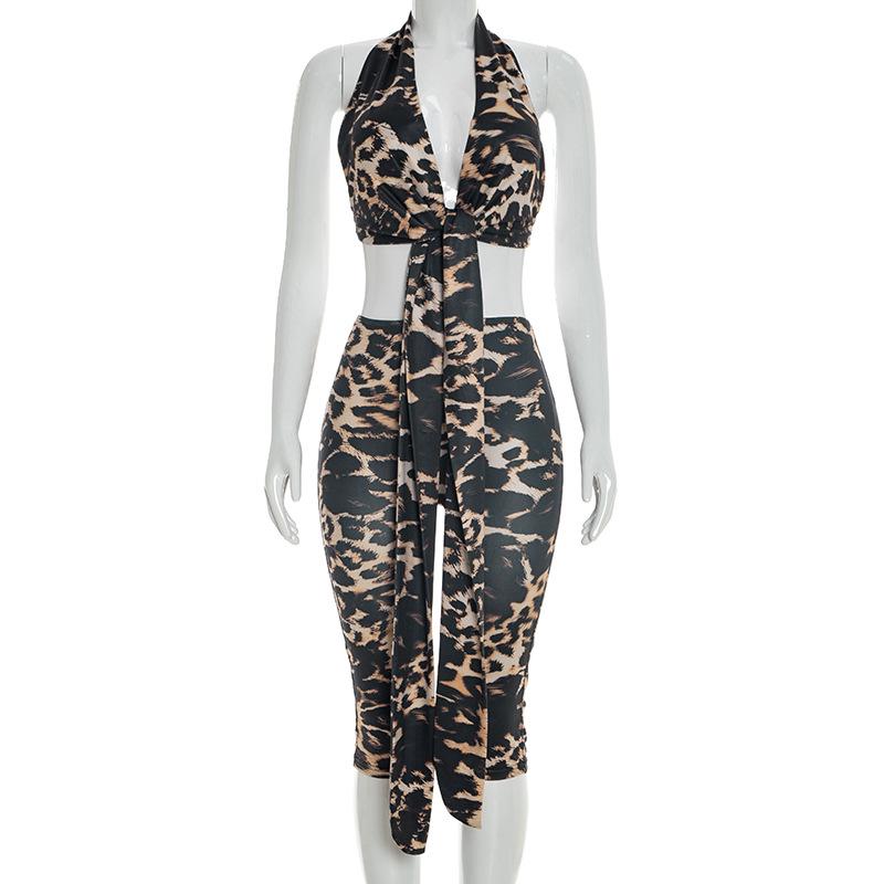 C26ST054 Women s Summer Leopard Print Halter Top & Skirt Set - Sleeveless, Backless, Sexy European & American Style. S