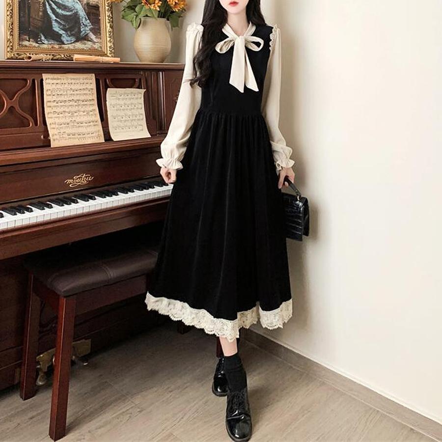 Women's Autumn New French Vintage Bow Dress Cute College Style Sweet Age-Reducing A-Line Dress