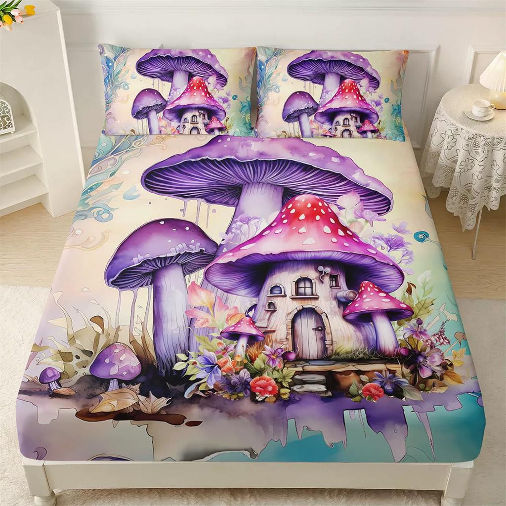 Psychedelic Mushroom Fitted Sheet Set, Psychedelic Bed Cover with Pillowcase, Colorful Bedding Set 2pcs for Kids Girls Adult