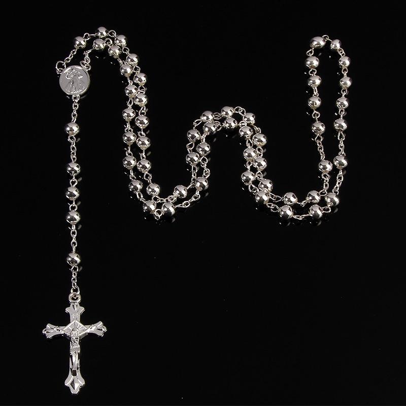 Gold-Plated 6mm Imitation Bead Rosary Necklace with Exquisite Pendant