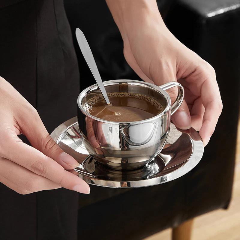 Elegantní šálek na kávu s podšálkem a lžičkou, nerezová ocel 304, šálek na espresso, hrnek na mléko, cappuccino na odpolední čaj, kempování, kavárna