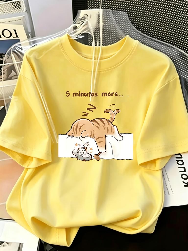 Summer T-Shirt Sleeping Cat English Letter Print Suitable for Summer Beach  Daily Work Carnival Music Festival Valentine's Day