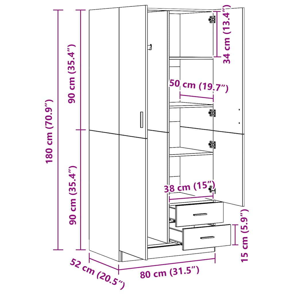 Wardrobe in Sonoma Oak 80 x 52 x 180 cm Particleboard