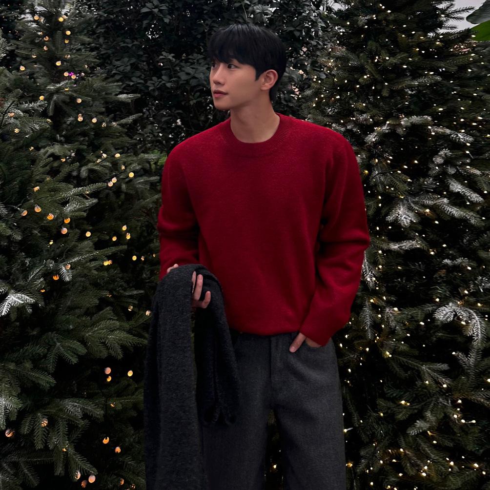 Мужской зимний толстый вязаный пуловер - Простой круглый вырез, корейский стиль L красный