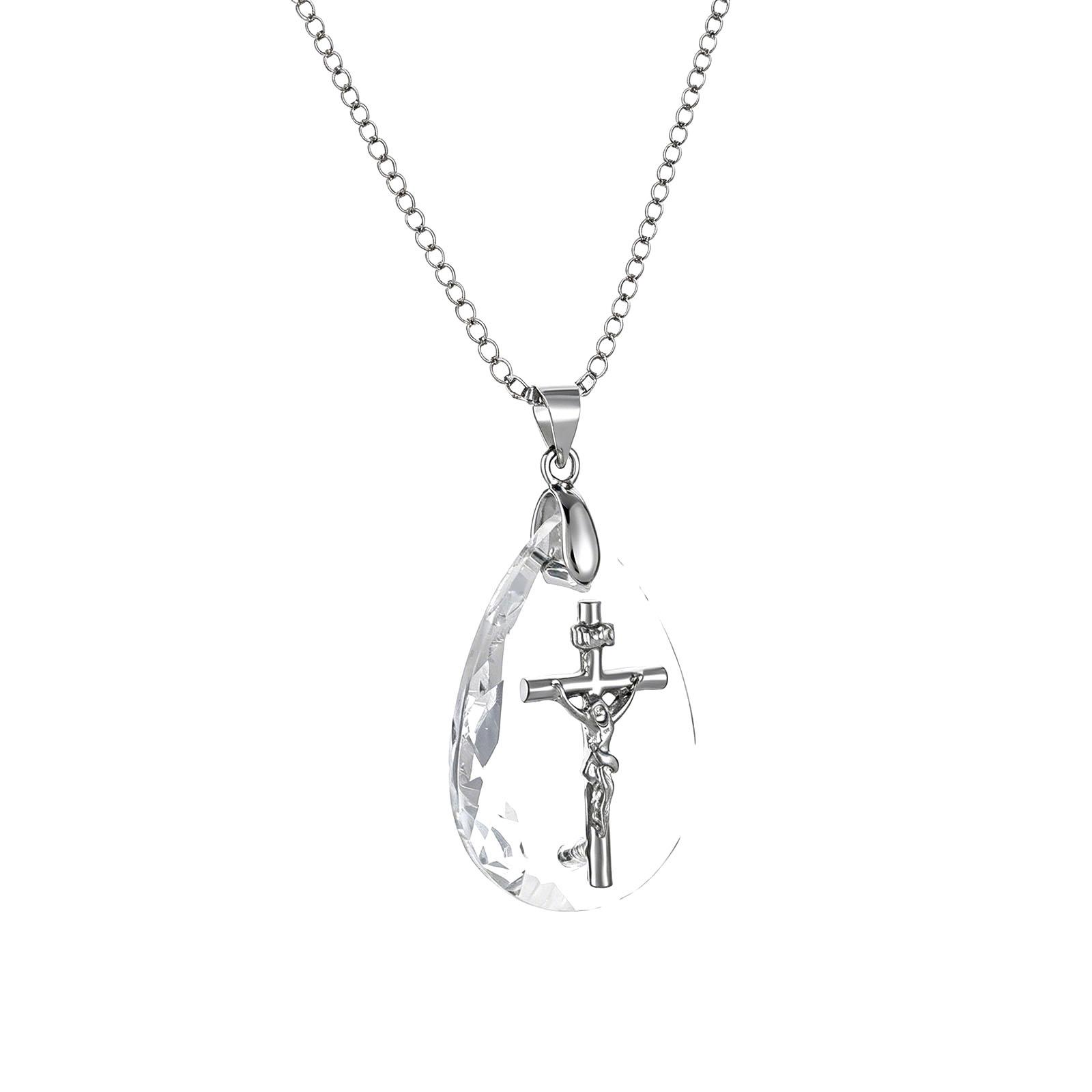 Fashion Crystal Cross Pendant Necklace with Teardrop Shaped Clear Crystal and Silver Tone Chain Suitable for Daily Wear and Special Occasions One Size