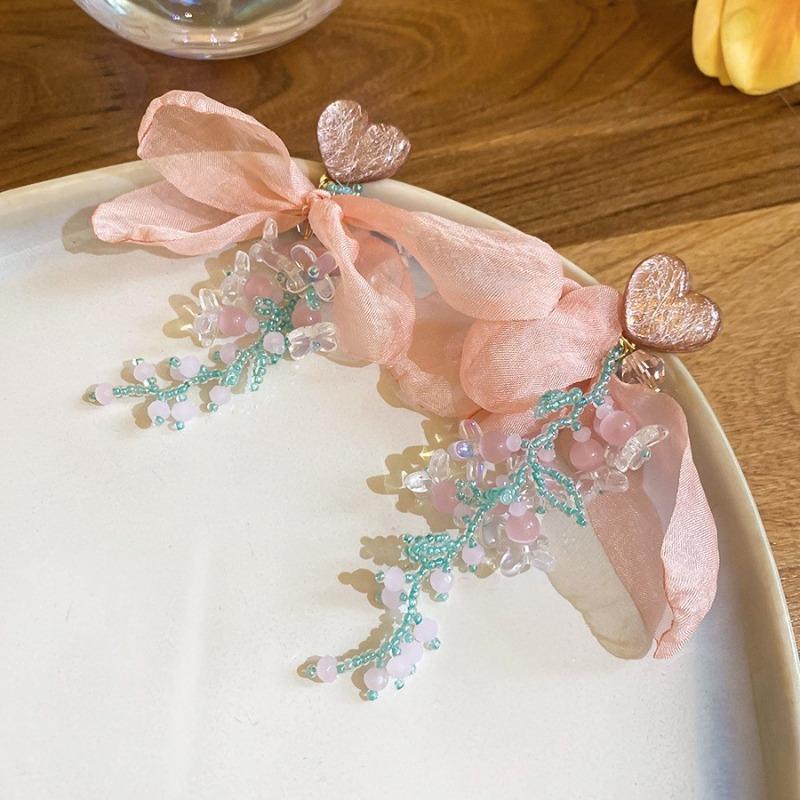 Silver Needle Pink Chiffon Flower Fringed Stud Earrings Small Fresh and Sweet Vacation Style Earrings Light Luxury High-end Earrings Women