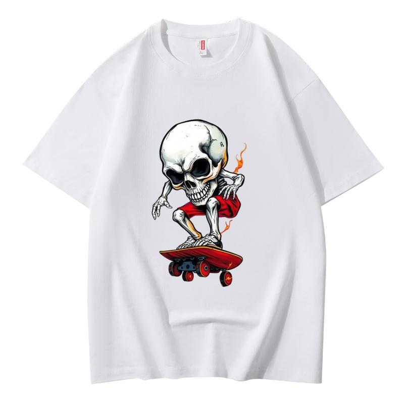 Unisex Casual Cotton Short Sleeve T Shirt Skull Skateboard Gothic Graphic Print Tee