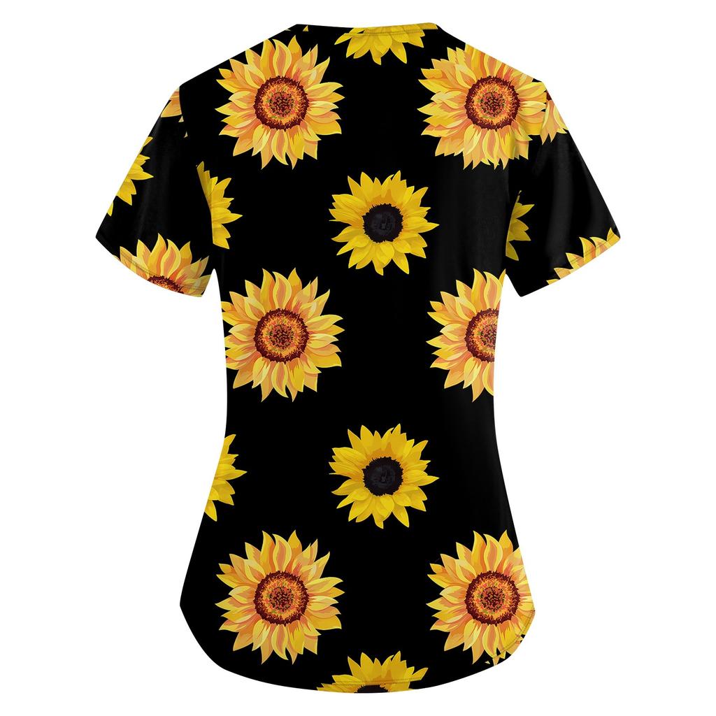 Imbracaminte de lucru pentru dama, cu decolteu in V, maneca scurta, cu buzunare Topuri imprimate