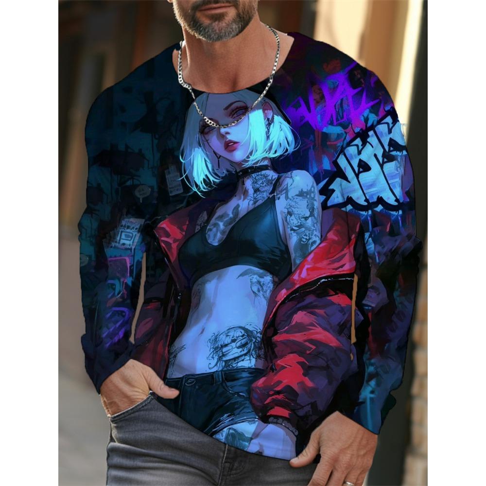 new men's long-sleeved T-shirt 3D printing HD anime tattoo beauty printing men's autumn tops casual round neck home clothes