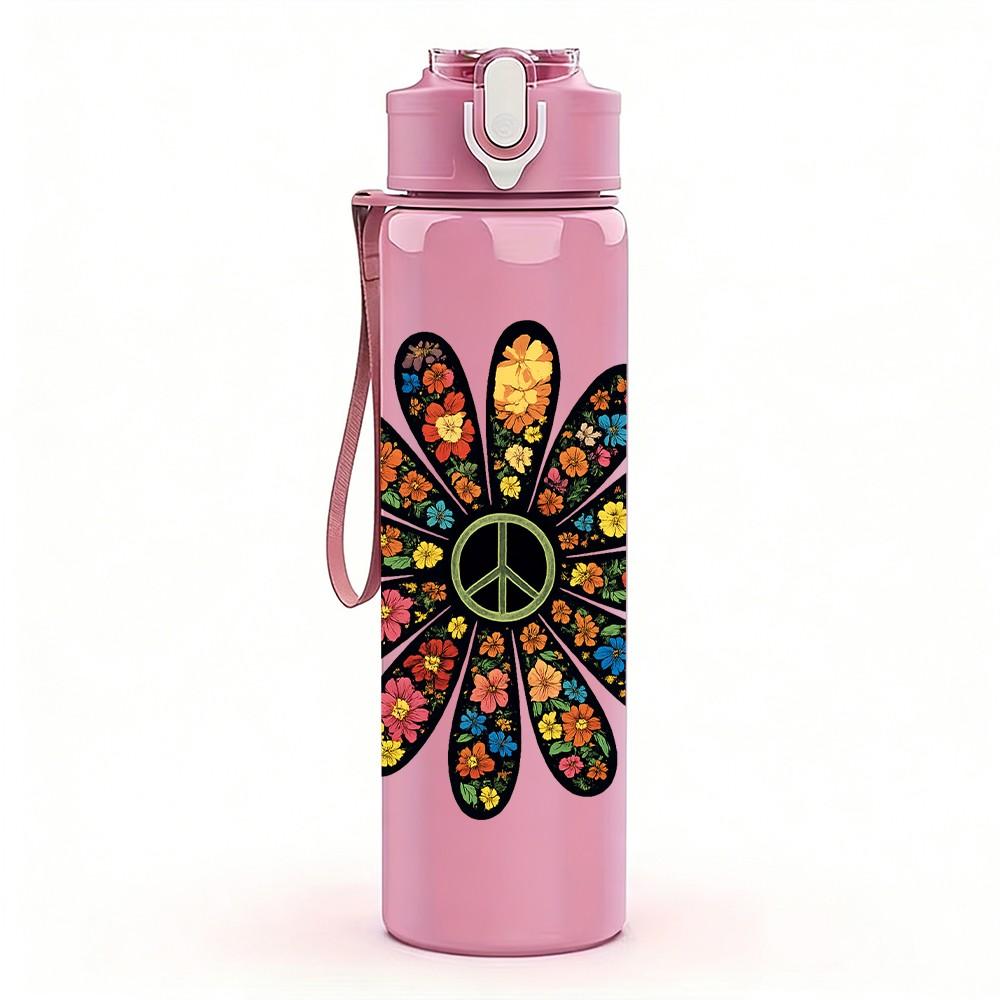 1PC Colorful Mandala Flower 750ml Color Plastic Sports Water Bottle Leakproof Flip Straw Lid Suitable for Sports Office Home Use
