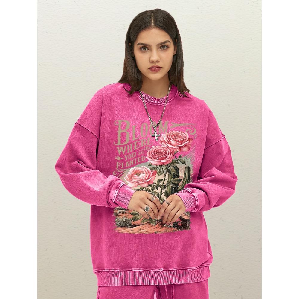 Bloom Where You Are Planted Cactus Rose Pattern Womens Washed Streetwear Soft Cotton Sweatshirts Autumn Loose Woman