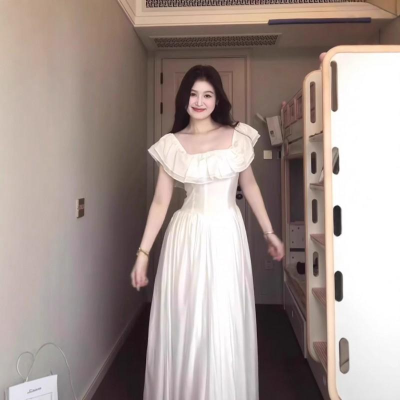 One-neck Waist Dress Women Slim Skin-covered Small Fresh Long Skirt With Ruffles Fashionable Temperament Commuting