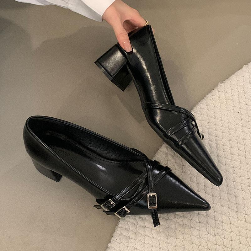 Fashion Buckle Fashion Pointed Toe Footwear Medium Heels Pumps Shoes For Women New In 2025 Female Slip On Shallow Ladies Heeled Shoes