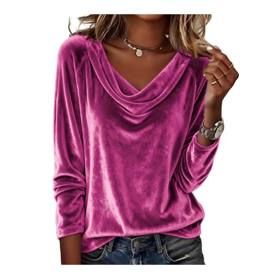 Women Tops Loose Fit Large Neckline Long Sleeve Velvet Texture Pullover Tops Solid Color
