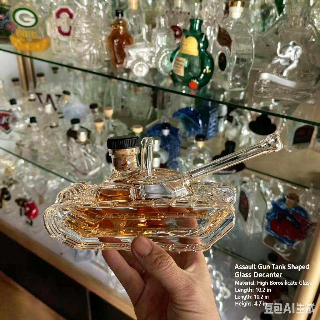Dekantér na alkohol ve tvaru útočného tanku, Vysoce borosilikátové sklo