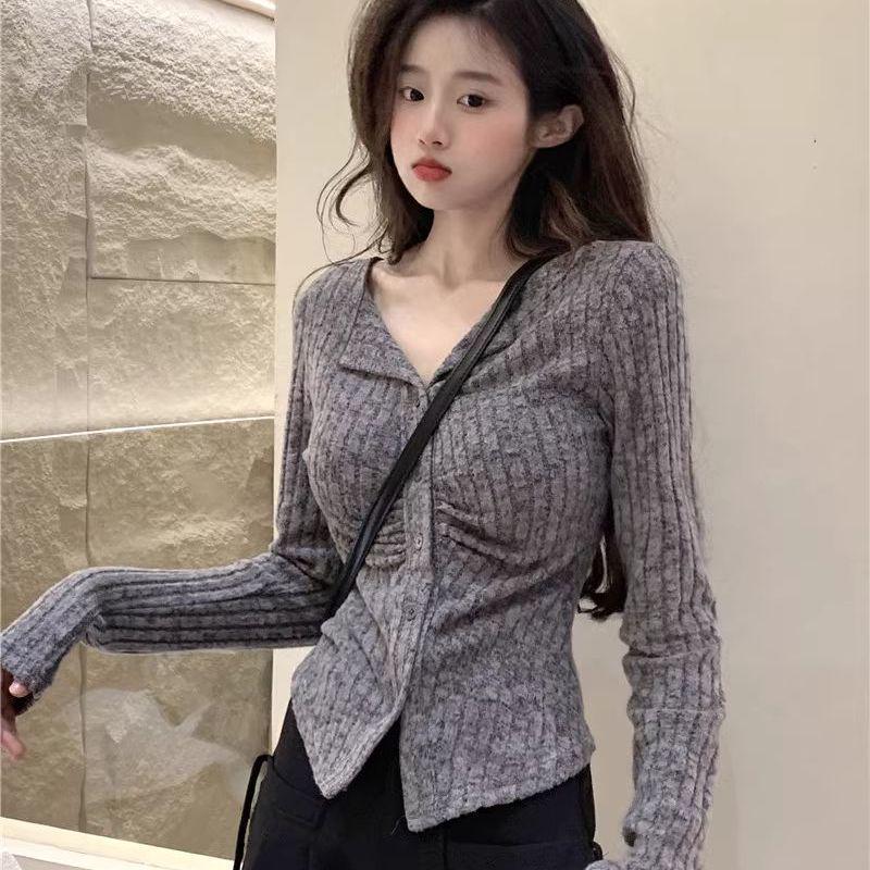 

Вязаный свитер с рюшами на воротнике в корейском стиле: Осенний приталенный топ с длинным рукавом One Size серый