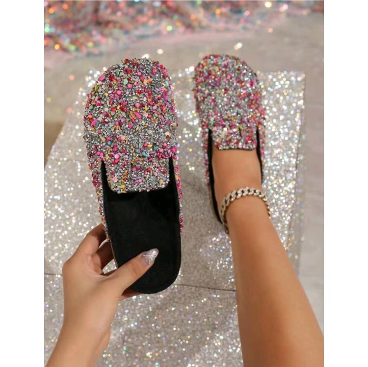 Women's Spring and Autumn Sequined Half Slippers with Cork Toe Caps Comfortable and Casual Non Slip Flat Bottomed Sandals