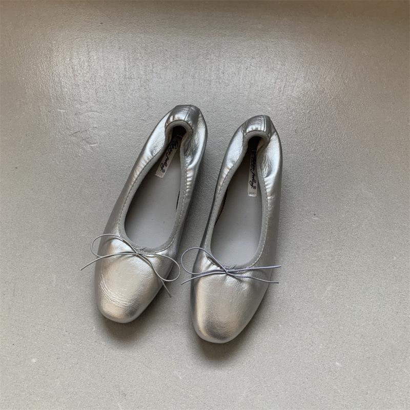 Low heel French small red single shoes women's shoes 2025 spring bow retro with skirt ballet grandma shoes