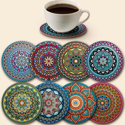 8-piece Mandala Coaster Set, Wooden Coaster Set, Essential for Holiday Gatherings, Suitable for Bars, Offices, and Homes, All Occasions