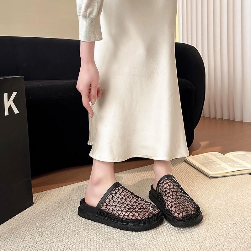 French hollow breathable mesh yarn bag head half slippers summer wear a pedal thick-soled fishing net boken heel shoes
