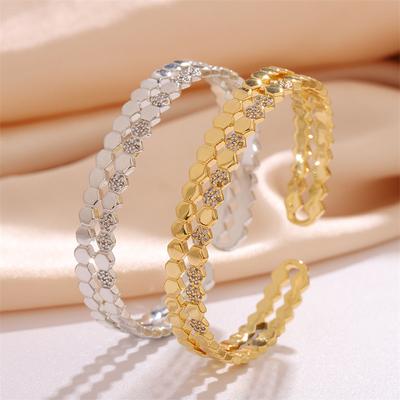 New Geometry Copper Zirconia Bracelet for Women Golden Open Chunky Cuff Bangle Bracelet Femme Vintage Wedding Jewelry GiftS