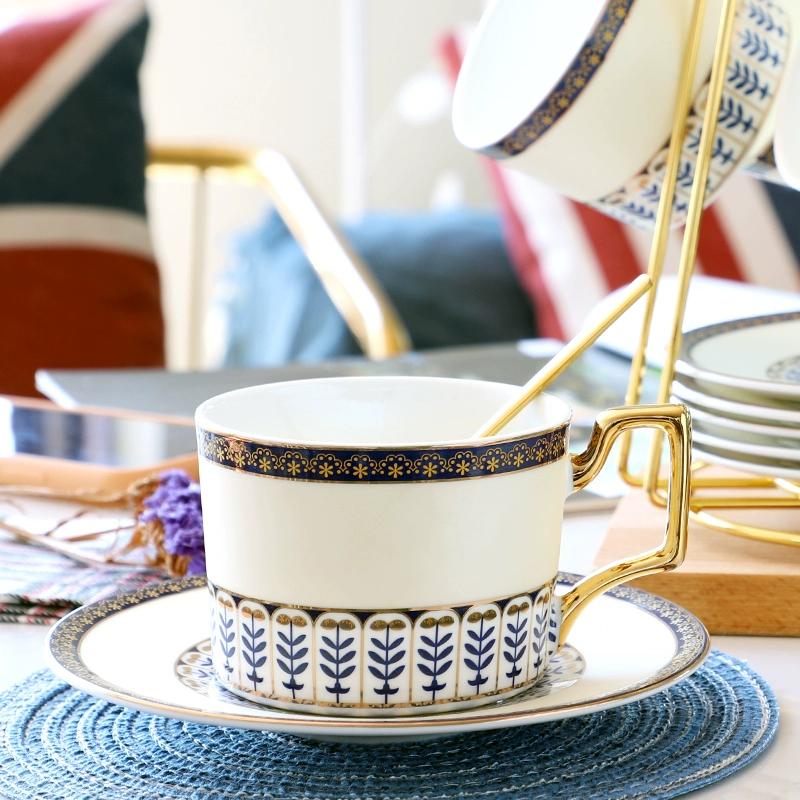 Fine Bone China Coffee Cup and Saucer with Spoon, Light Luxury Exquisite White Porcelain Tea Cup with Gold Trim ,270ml,1 Set