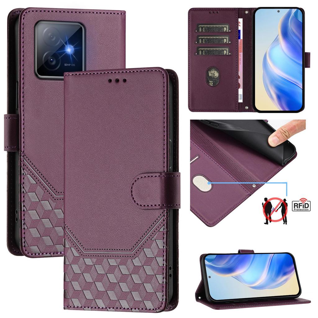 For Honor X60 GT 5G Case Imprinted Honeycomb RFID Blocking Leather Phone Cover with Strap
