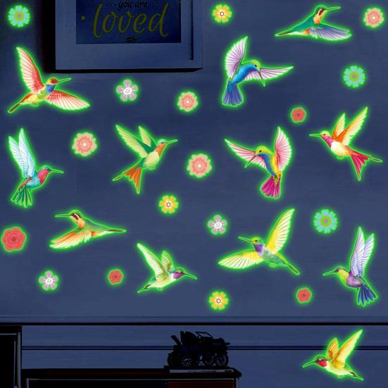 Glow in The Dark Wall Sticker, Hummingbirds Flowers Luminous Wall Decal, Waterproof Self Adhesive Sticker for Kids Room Nursery