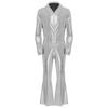 Mens 70s Disco Jumpsuit Metallic Shiny Design Lapel Flare Sleeve Front Zipper Wide Leg Pants