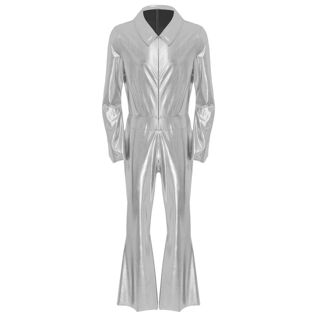 Mens 70s Disco Jumpsuit Metallic Shiny Design Lapel Flare Sleeve Front Zipper Wide Leg Pants