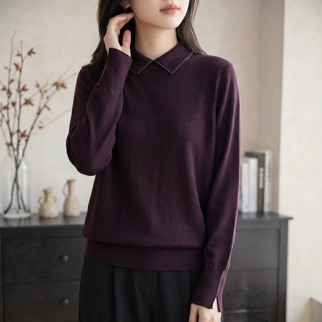 Long-sleeved Wool Knitted Sweater, Suitable for Spring and Autumn, Women's Pullover Outerwear with A Turned-up Collar