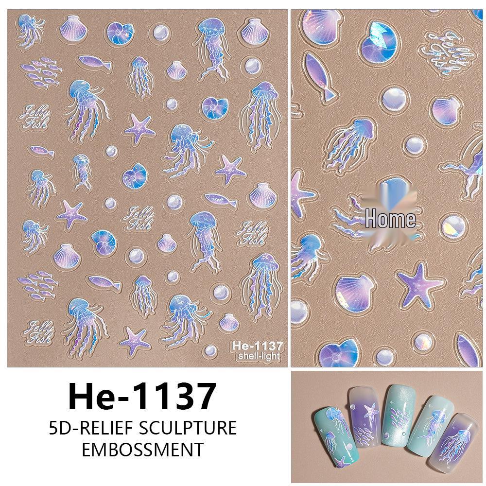 Redanco Ocean Theme 5D Embossed Nail Stickers - Jellyfish, Starfish, Shells (Model He-1138)