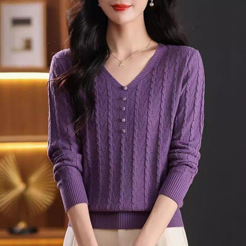 V-neck Sweater Women's Top Solid-color Knitted Sweater Loose and Casual Pullover Long-sleeved Warm Sweater