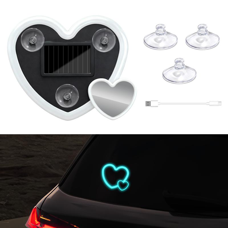1 Set Car Window Suction Cup Led Atmosphere Light Heart Shaped Car Ambient Light 500Mah Solar/Usb-C Rechargeable Neon Lamp